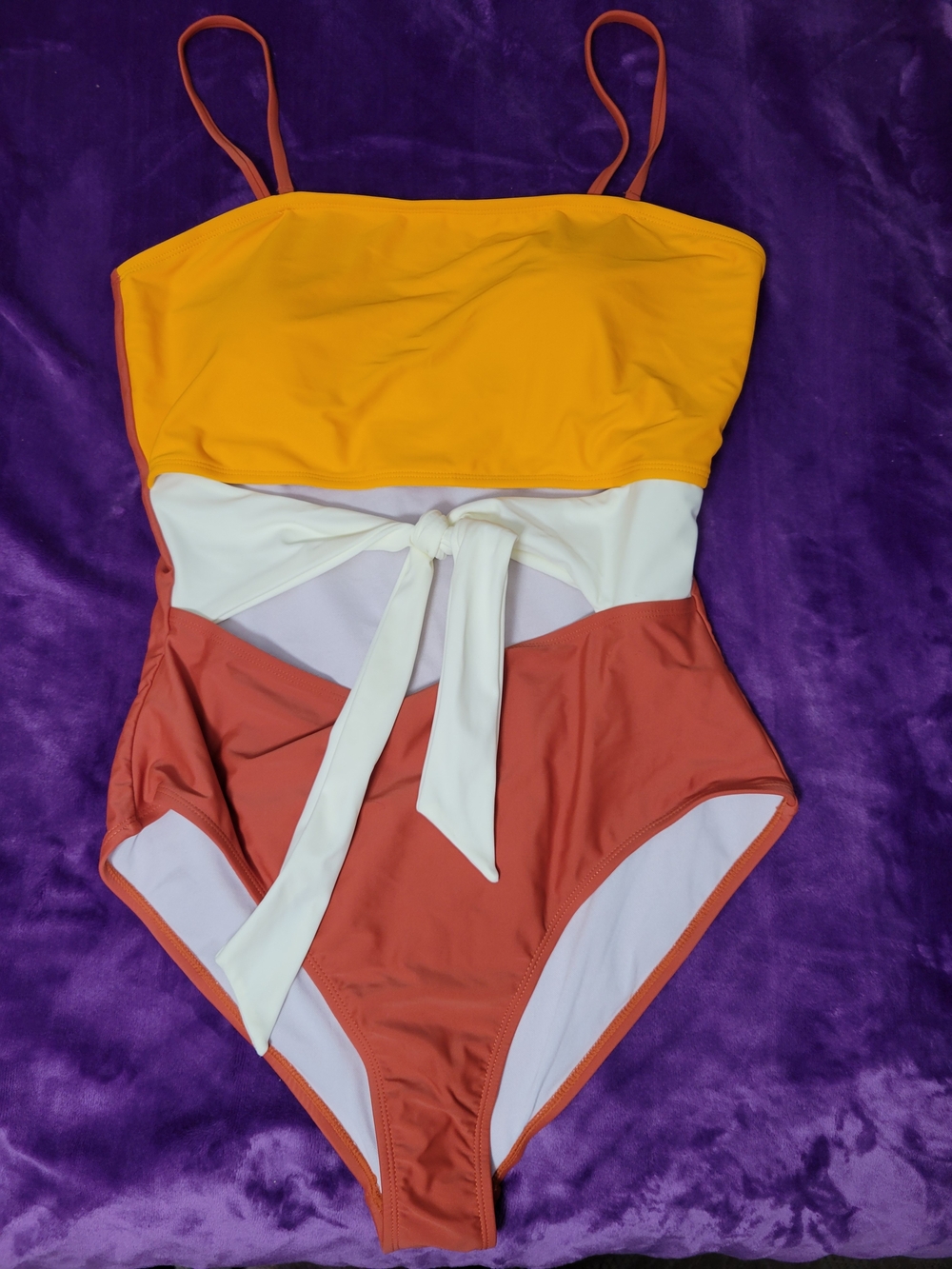 Colorblock Tie-Front One-Piece Swimsuit - Yellow, White & Rust